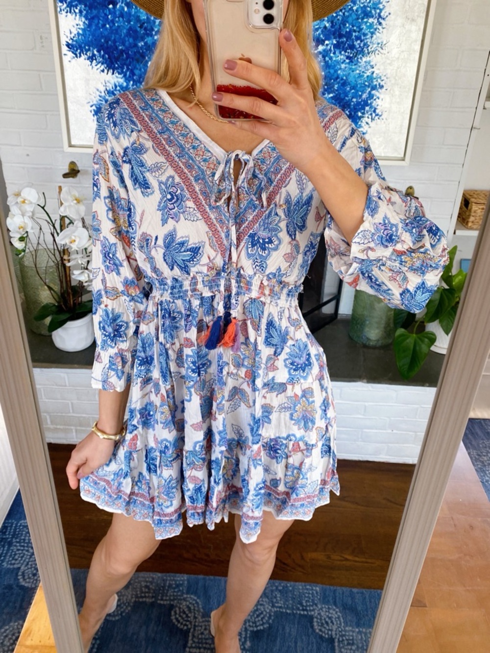 ANGIE White Blue Mini Dress with Blue Floral Print! 💙